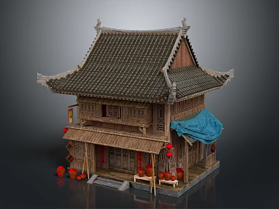Traditional Chinese Wooden Architecture With Tile Roof Eaves Red Lanterns Bamboo Curtains And Blue Canopy 3d model