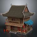 Traditional Chinese Wooden Architecture With Tile Roof Eaves Red Lanterns Bamboo Curtains And Blue Canopy