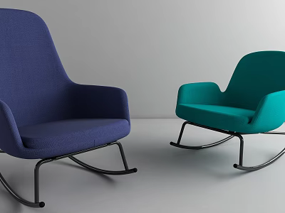 Blue And Teal Fabric Upholstered Single Sofa Rocking Chairs With Black Metal Base 3d model