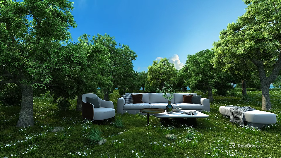 Natural Outdoor Scene With Lush Trees Green Grass Sofa Table And Blue Sky 3d model 