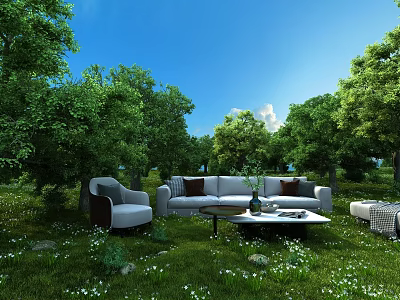 Natural Outdoor Scene With Lush Trees Green Grass Sofa Table And Blue Sky 3d model
