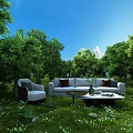 Natural Outdoor Scene With Lush Trees Green Grass Sofa Table And Blue Sky
