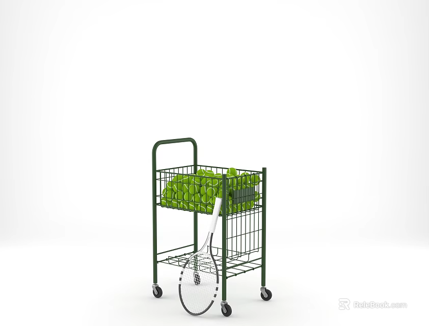Green Metal Storage Cart with Tennis Balls and Racket on Wheels 3d model 