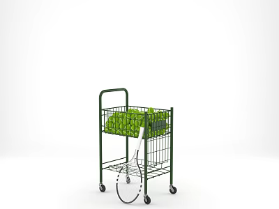 Green Metal Storage Cart with Tennis Balls and Racket on Wheels 3d model