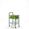 Green Metal Storage Cart with Tennis Balls and Racket on Wheels