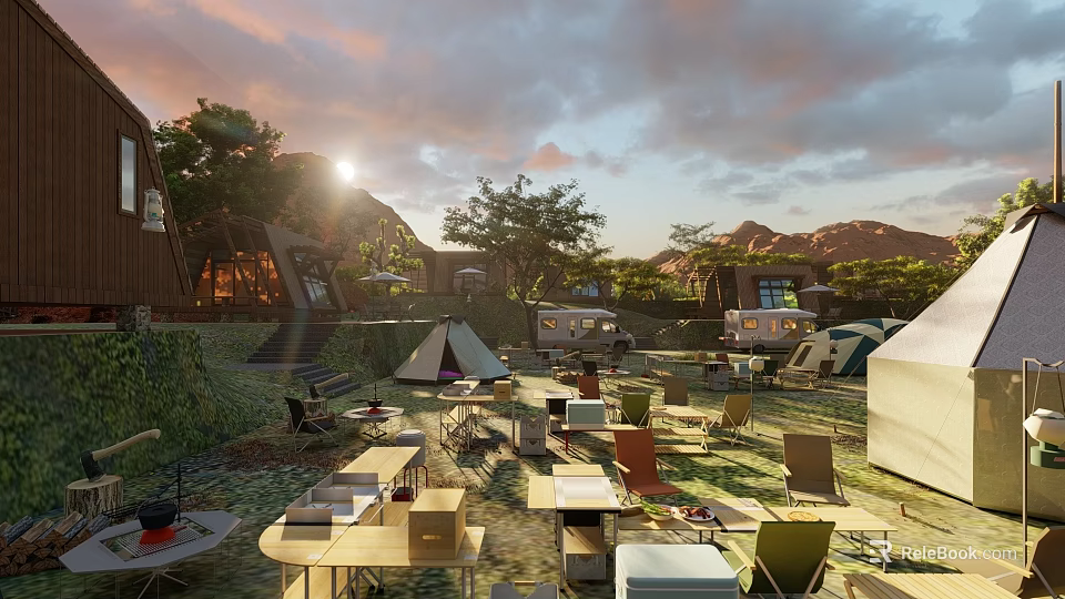 Scenic Camping Site with Tents Picnic Tables Chairs Trees and Sunset Hills 3d model 