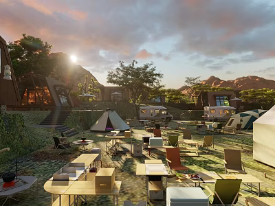 Scenic Camping Site with Tents Picnic Tables Chairs Trees and Sunset Hills 3d model