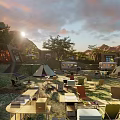 Scenic Camping Site with Tents Picnic Tables Chairs Trees and Sunset Hills