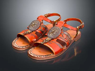 Stylish Red Leather Sandals With Decorative Buckle And Vintage Design Straps 3d model