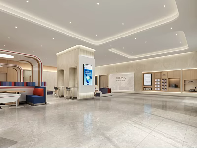 Modern Bank Lobby Interior With Spacious Design Service Counters Comfortable Seating And Digital Screens 3d model