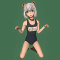 Anime Style Character With Cat Ears Tail And Short White Hair Kneeling On Green Background