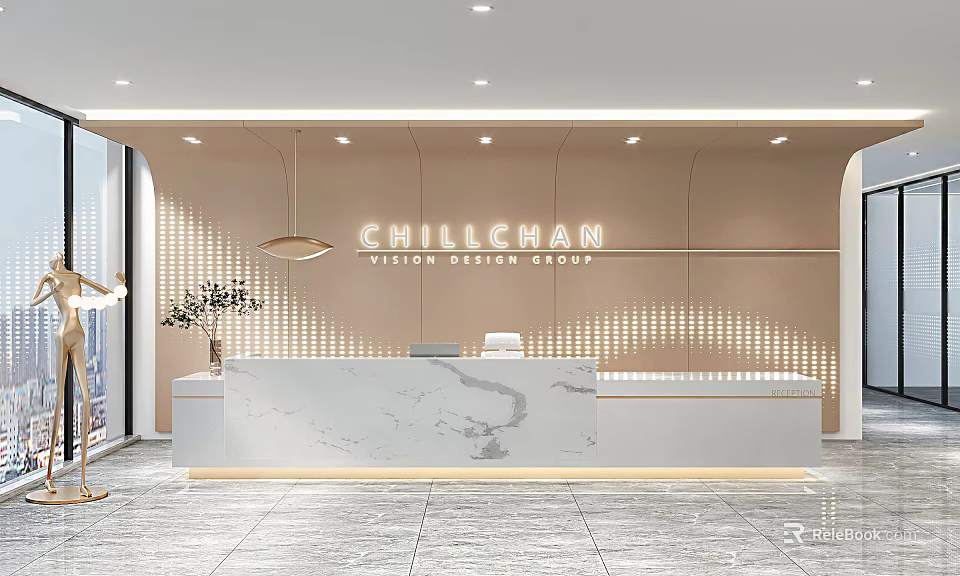 Elegant Modern Front Desk Reception With Marble Countertop And Lighting Decoration 3d model 