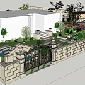 Elegant Garden Landscape With Iron Gate Stone Wall Steps Pond Green Plants And Gazebo