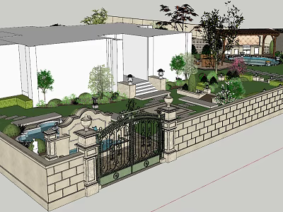 Elegant Garden Landscape With Iron Gate Stone Wall Steps Pond Green Plants And Gazebo 3d model
