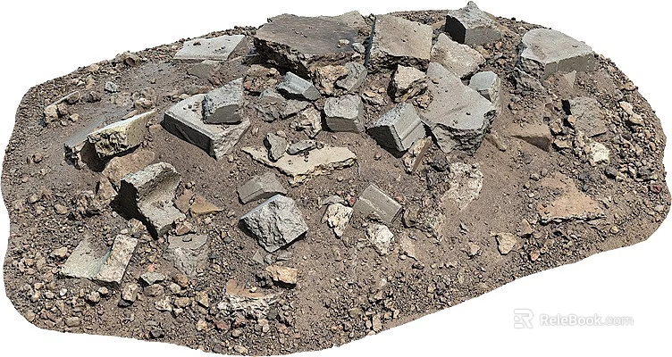 Natural Stone Pieces and Weathered Wood Fragments Scattered on Dirt Ground 3d model 