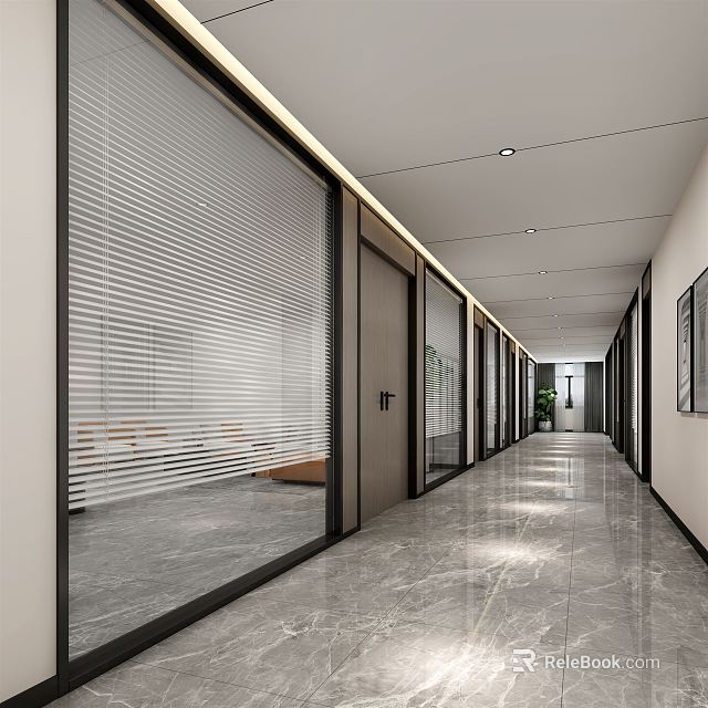 Modern Office Corridor With Glass Partitions Blinds And Marble Flooring 3d model 