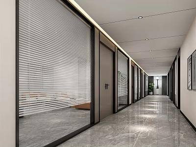 Modern Office Corridor With Glass Partitions Blinds And Marble Flooring 3d model