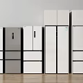 Refrigerators and Freezers in Different Colors and Various Styles on Wooden Floor with Light Walls