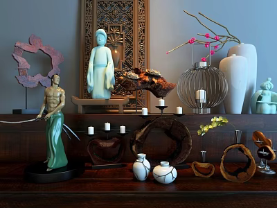 Decorative Ornament Set With Statues Wooden Carvings Lantern Candle Holders White Vases And Wooden Rings 3d model
