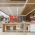 Modern Retail Store Interior with Wooden Shelves Counters Large Windows and Displayed Products