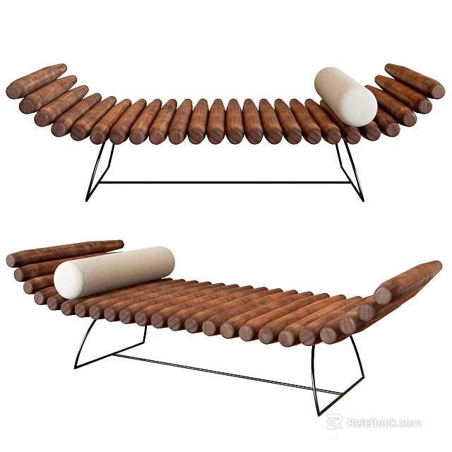 Modern Wooden Stools With Cylindrical Slats Black Metal Frame And White Cushion 3d model 