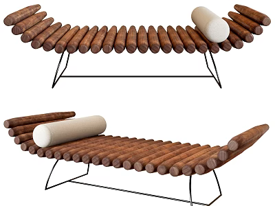 Modern Wooden Stools With Cylindrical Slats Black Metal Frame And White Cushion 3d model