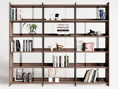 Modern Open Wooden Bookcase Featuring Multi Tiered Shelves With Books And Decor 3d model