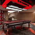Modern Entertainment Room Interior With Pool Table Red Decor And Sculpture