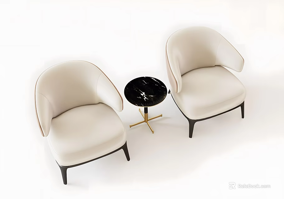Modern Beige Chair And Black Marble Table Set With Golden Stand For Living Room 3d model 