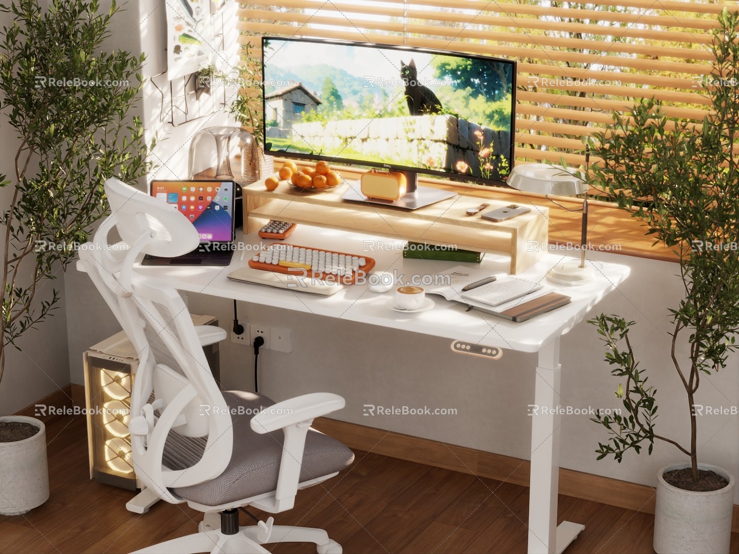 Nordic Style Desk and Chair Table and Chair Combination Simple Bright and Clean Desktop Decoration Combination Computer Decoration Cute Green Plant Potted Plant Dopamine Soft Light 3d model