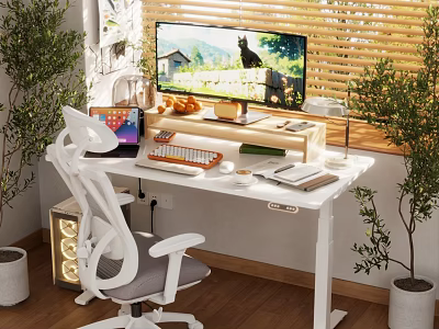 Modern Home Office Workspace With White Standing Desk Ergonomic Chair Monitor Laptop And Green Plants 3d model
