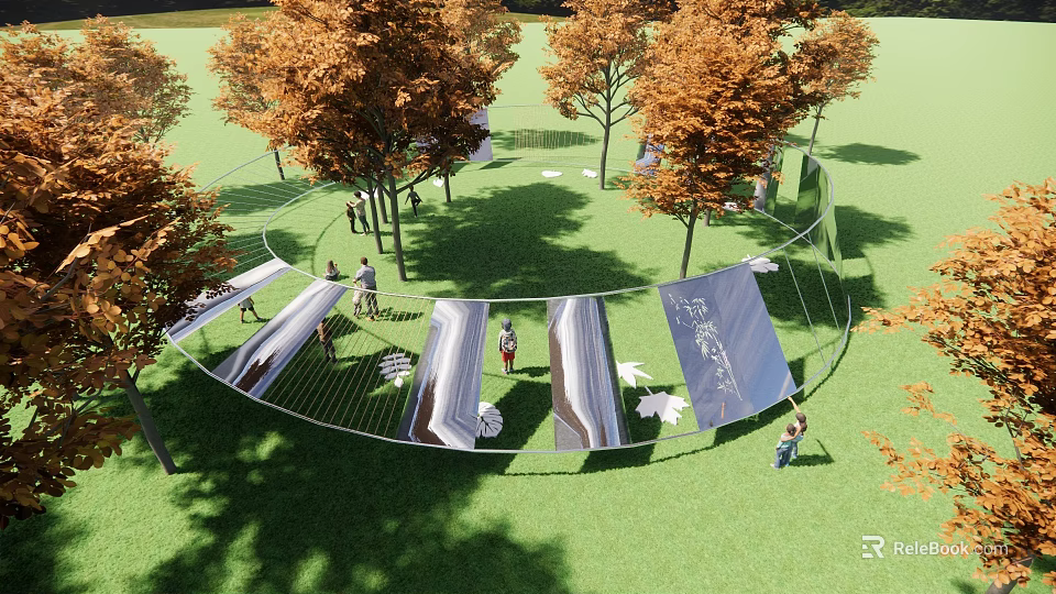 Curved Outdoor Feature Wall In Park With Orange Trees Green Lawn And People 3d model 