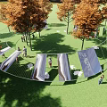 Curved Outdoor Feature Wall In Park With Orange Trees Green Lawn And People