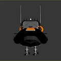 Modern Black Inflatable Yacht With Orange Ropes Life Rings White Seats And Antennas On Water