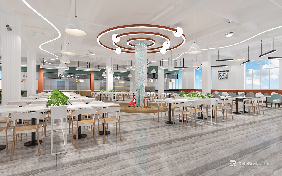 Modern Canteen Interior With Tables Chairs And Lighting 3d model