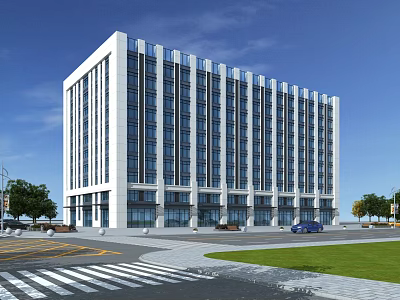 Modern Office Building Exterior With Glass Facade Surrounding Lawn Trees And Parked Car 3d model