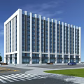 Modern Office Building Exterior With Glass Facade Surrounding Lawn Trees And Parked Car