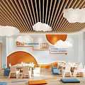 Kindergarten Interior With Cloud Lamps Colorful Furniture And Orange Walls