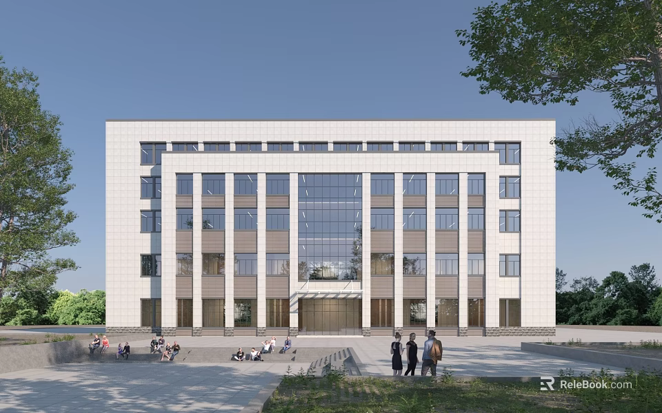 Modern Multi Story Office Building With Glass Facade And Trees Around Plaza Area 3d model 