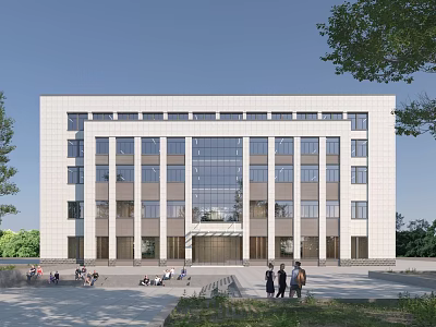 Modern Multi Story Office Building With Glass Facade And Trees Around Plaza Area 3d model