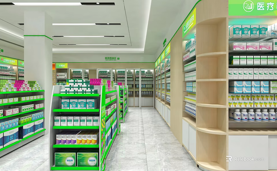 Modern Pharmacy Store Interior With Neatly Arranged Medicines And Green White Shelves 3d model 