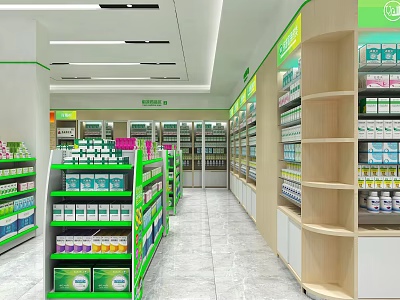 Modern Pharmacy Store Interior With Neatly Arranged Medicines And Green White Shelves 3d model
