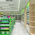 Modern Pharmacy Store Interior With Neatly Arranged Medicines And Green White Shelves