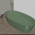 Green Transparent Oval Bathtub with Water in Room with Wooden Floor Blinds and Side Table