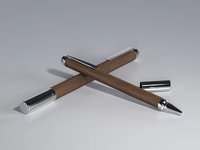 Crossed Brown Wooden Pens With Silver Metal Cap And Pen Tip Design 3d model