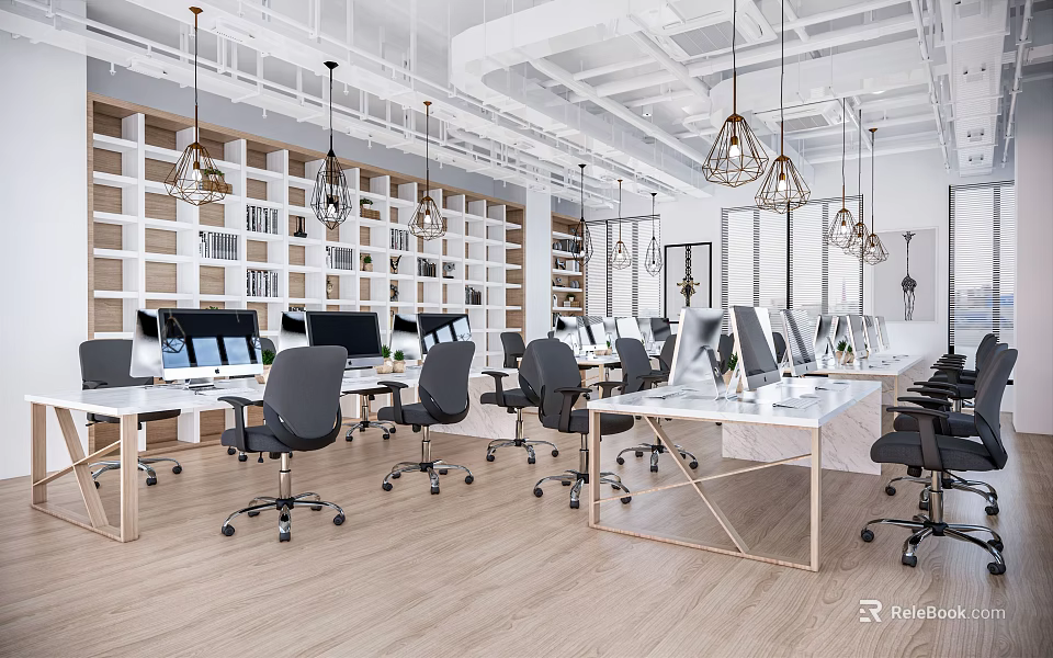Modern Public Office Space With Workstations Computers Black Chairs White Bookshelf Wall And Pendant Lights 3d model 