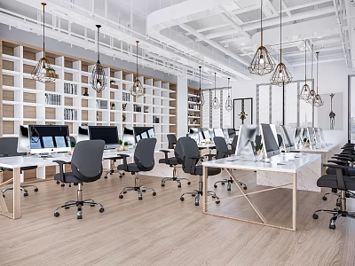 Modern Public Office Space With Workstations Computers Black Chairs White Bookshelf Wall And Pendant Lights 3d model