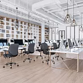 Modern Public Office Space With Workstations Computers Black Chairs White Bookshelf Wall And Pendant Lights
