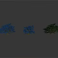 Three Blue and Green Trees with Lush Foliage on White Background
