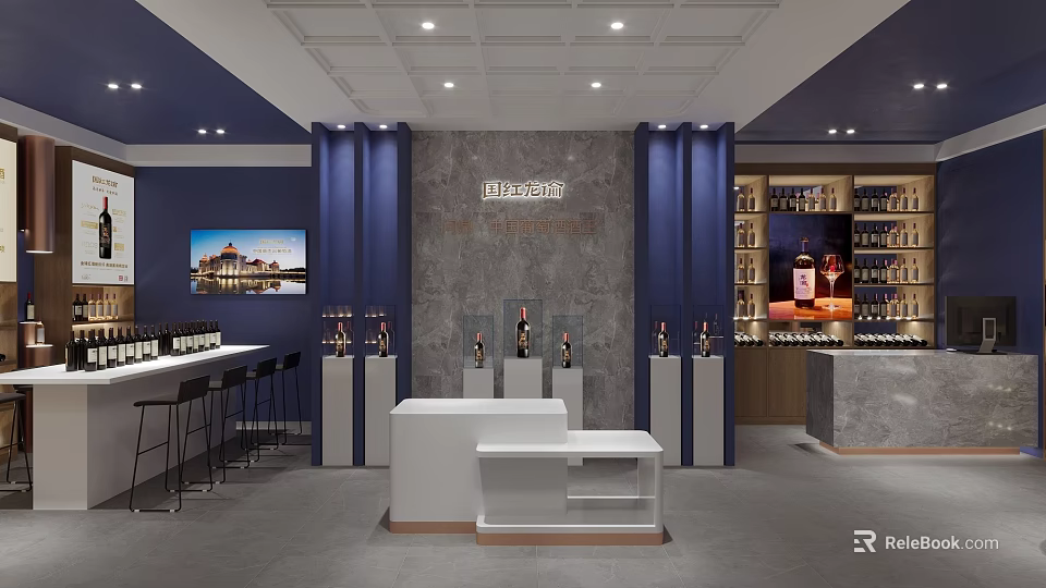 Modern Restaurant Interior Design With Blue Walls Bar Counter Wine Racks TV And Marble Wall 3d model 